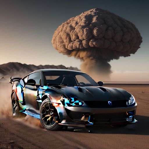 Black sports car in the desert running away from a nuclear explosion