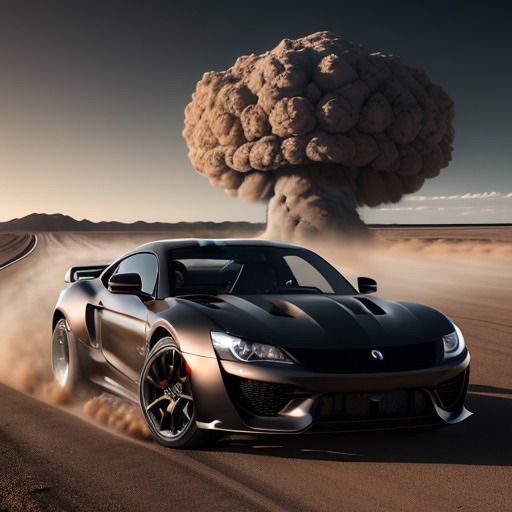 Black sports car in the desert running away from a nuclear explosion