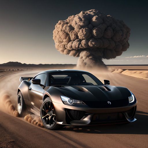 Black sports car in the desert running away from a nuclear explosion