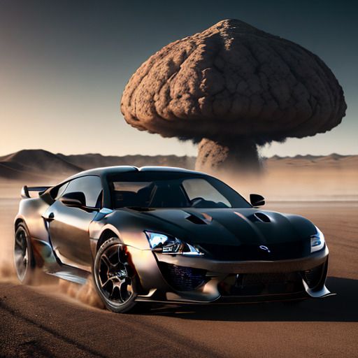 Black sports car in the desert running away from a nuclear explosion