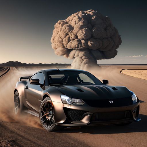 Black sports car in the desert running away from a nuclear explosion