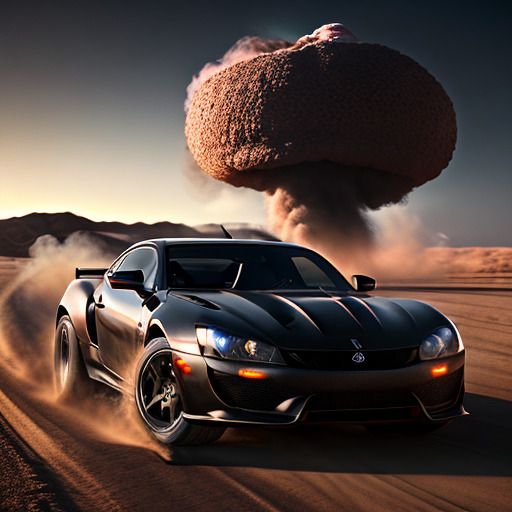 Black sports car in the desert running away from a nuclear explosion