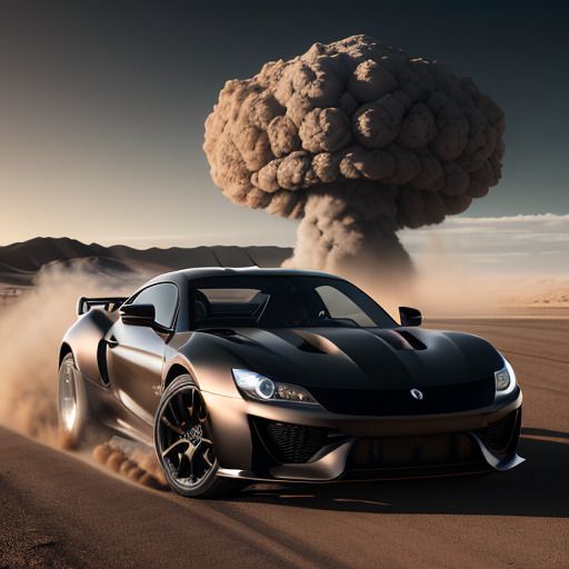 Black sports car in the desert running away from a nuclear explosion