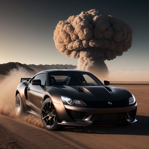 Black sports car in the desert running away from a nuclear explosion