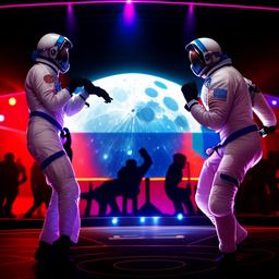 Two astronauts imitating the scene in Pulp Fiction where they dance a twist