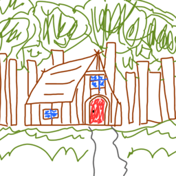 Sketch of a wooden house with a red door in the middle of the forest