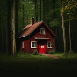 Realistic photograph of a wooden house with a red door in the middle of the forest