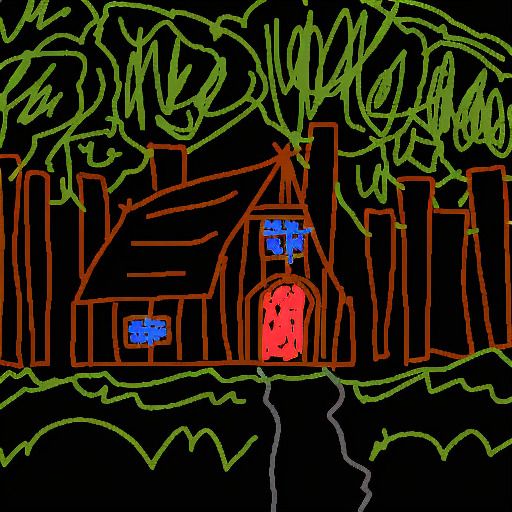 Sketch of a wooden house with a red door in the middle of the forest