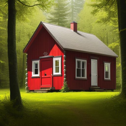 Realistic photograph of a wooden house with a red door in the middle of the forest