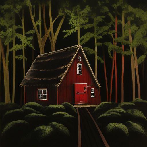 Drawing of a wooden house with a red door in the middle of the forest