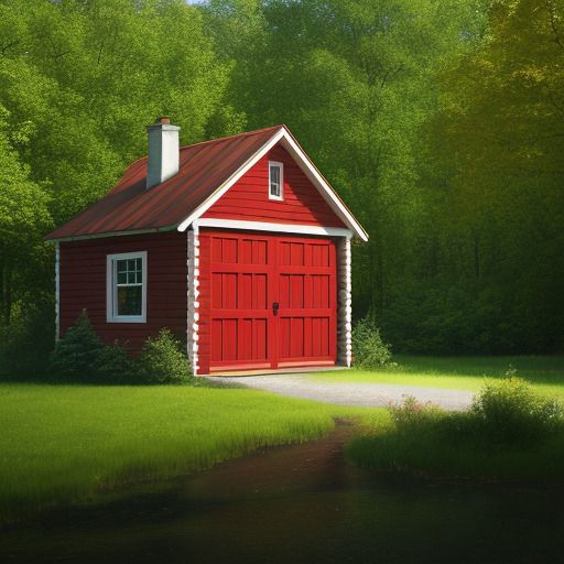 Realistic photograph of a wooden house with a red door in the middle of the forest