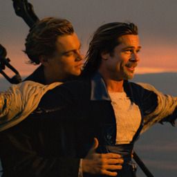 Leonardo DiCaprio and Brad Pitt in the ship Titanic scene