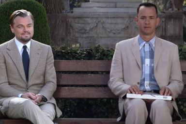 Forest Gump sitting on the bench with Leonardo DiCaprio next to him