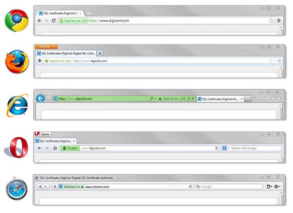 Various web browsers displaying their address bars with extended validation certificates