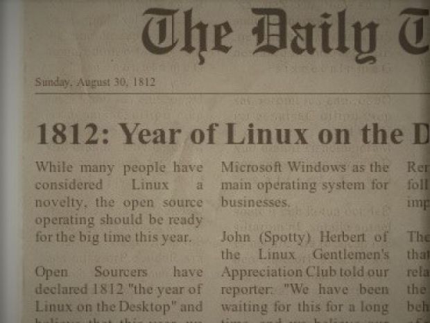 Satirical newspaper cover declaring the year 1812 as the year of Linux on the desktop.