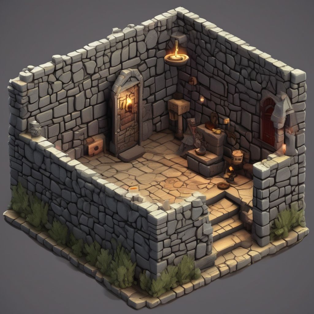 Interior of a castle room with a 3D video game look in isometric view