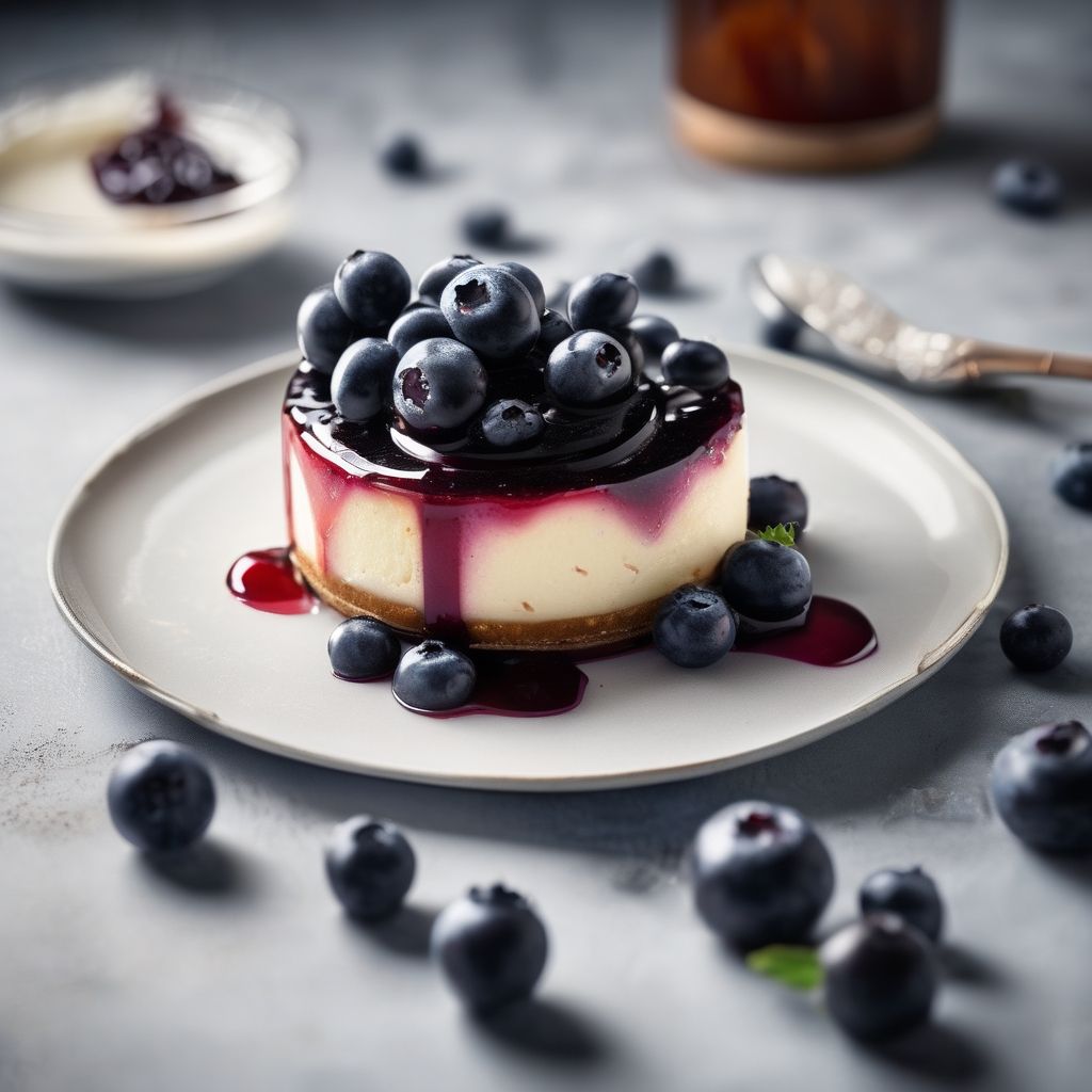 Slice of cheesecake with jam and blueberries on a plate