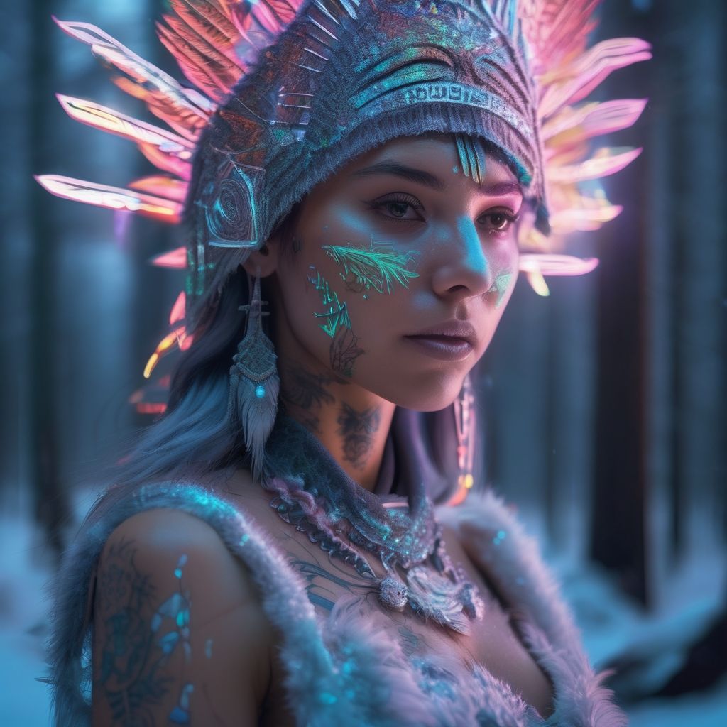 Blue-eyed woman with feather crown and tribal look