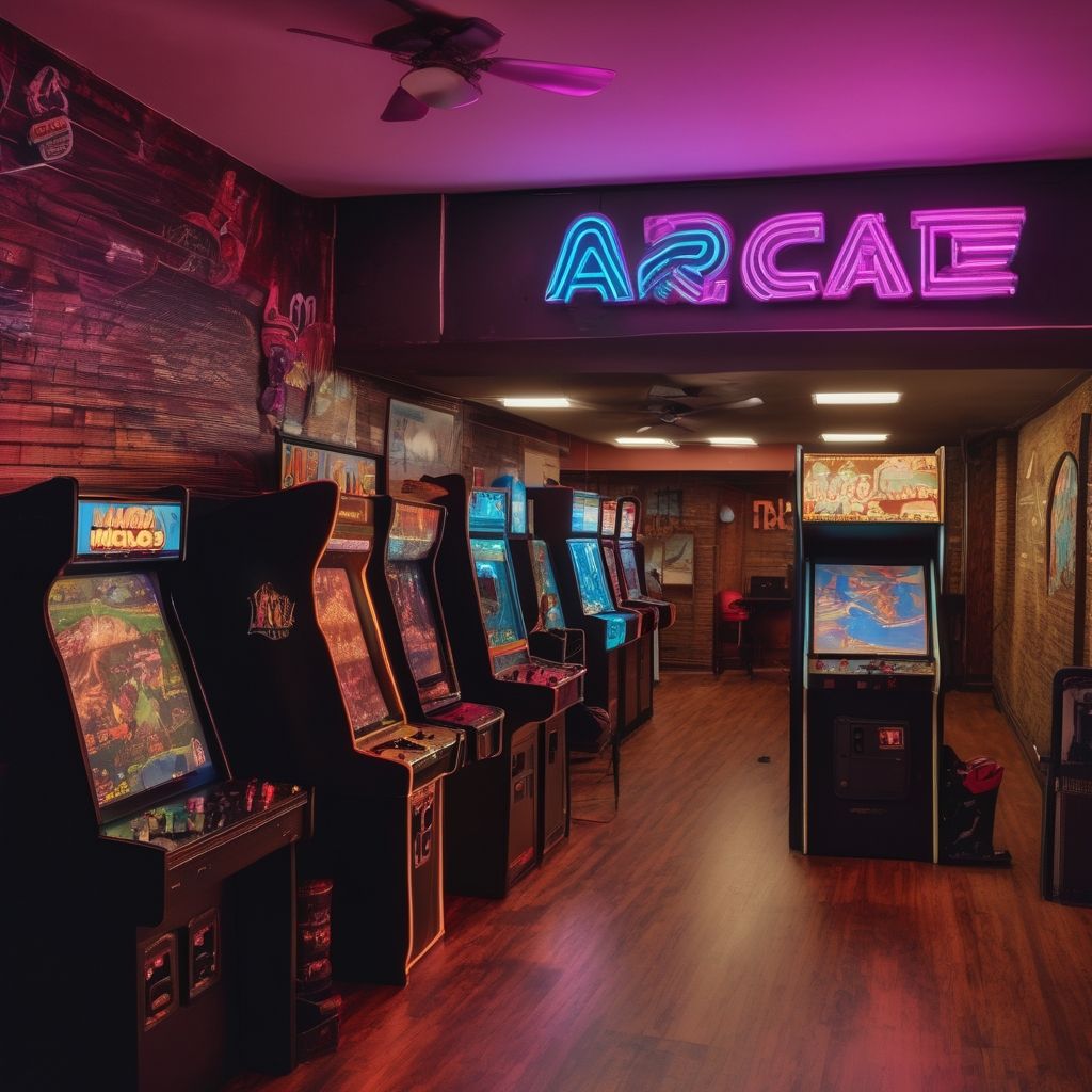 Arcade room with retro machines and neon lights