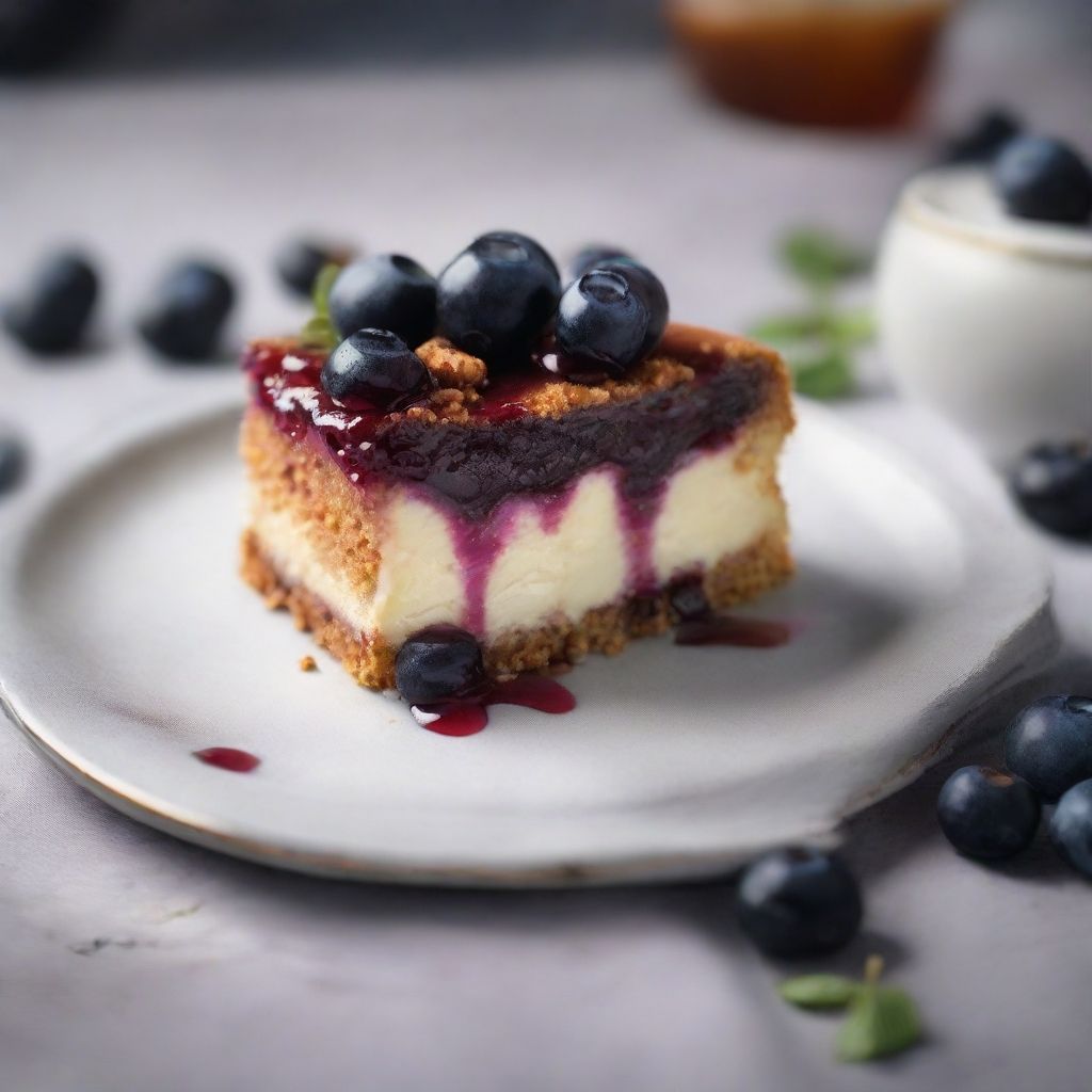 Slice of cheesecake with jam and blueberries on a plate