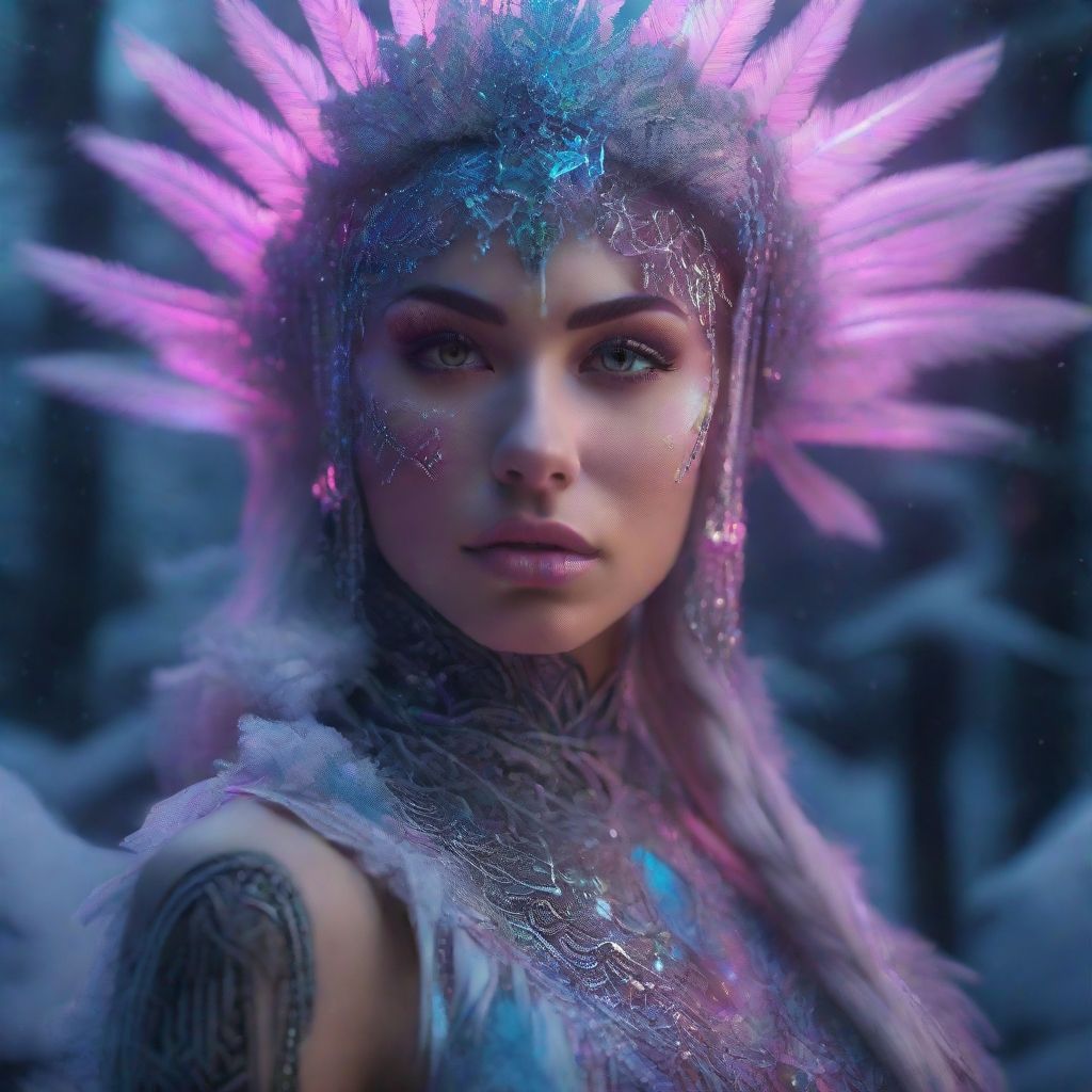 Blue-eyed woman with feather crown and tribal look