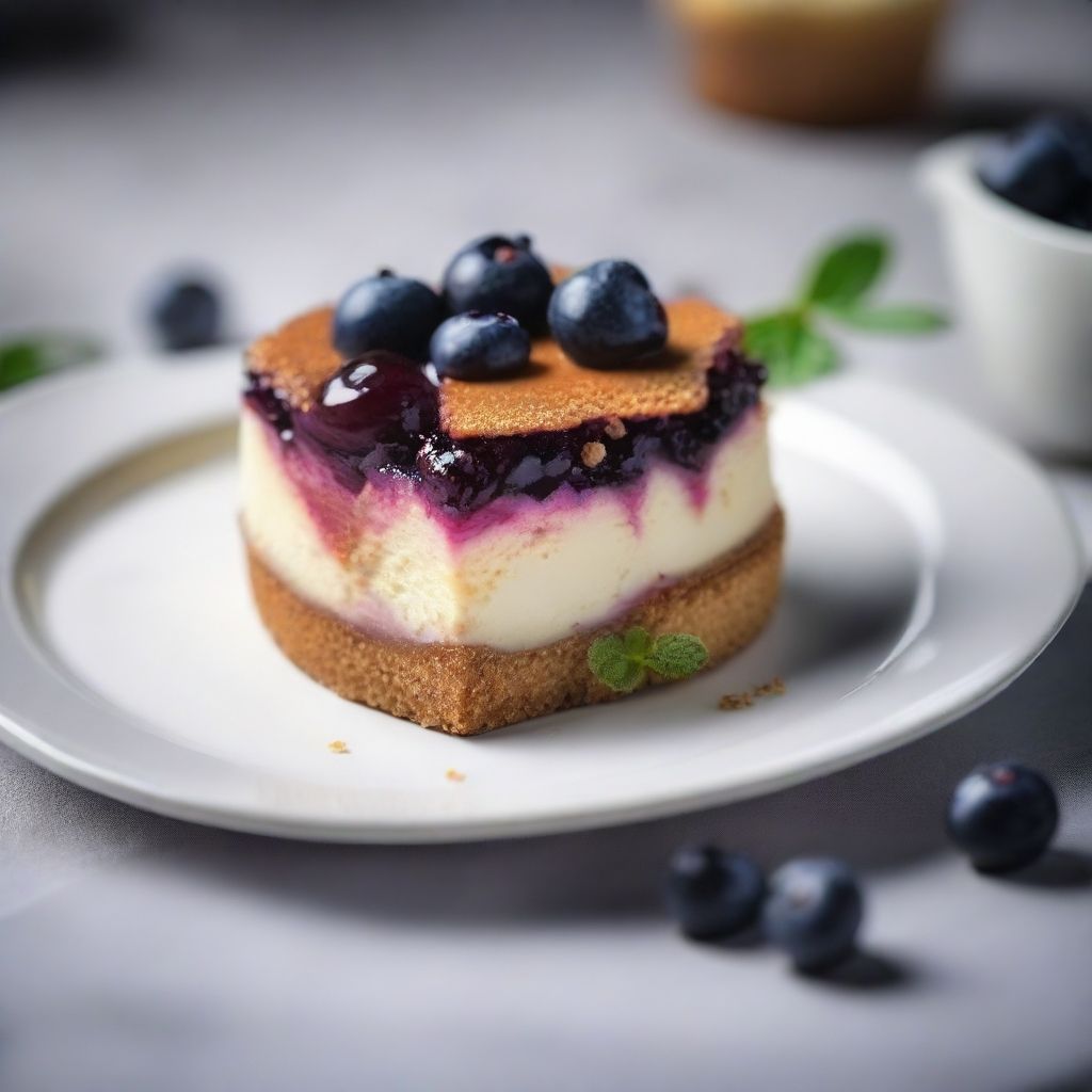 Slice of cheesecake with jam and blueberries on a plate