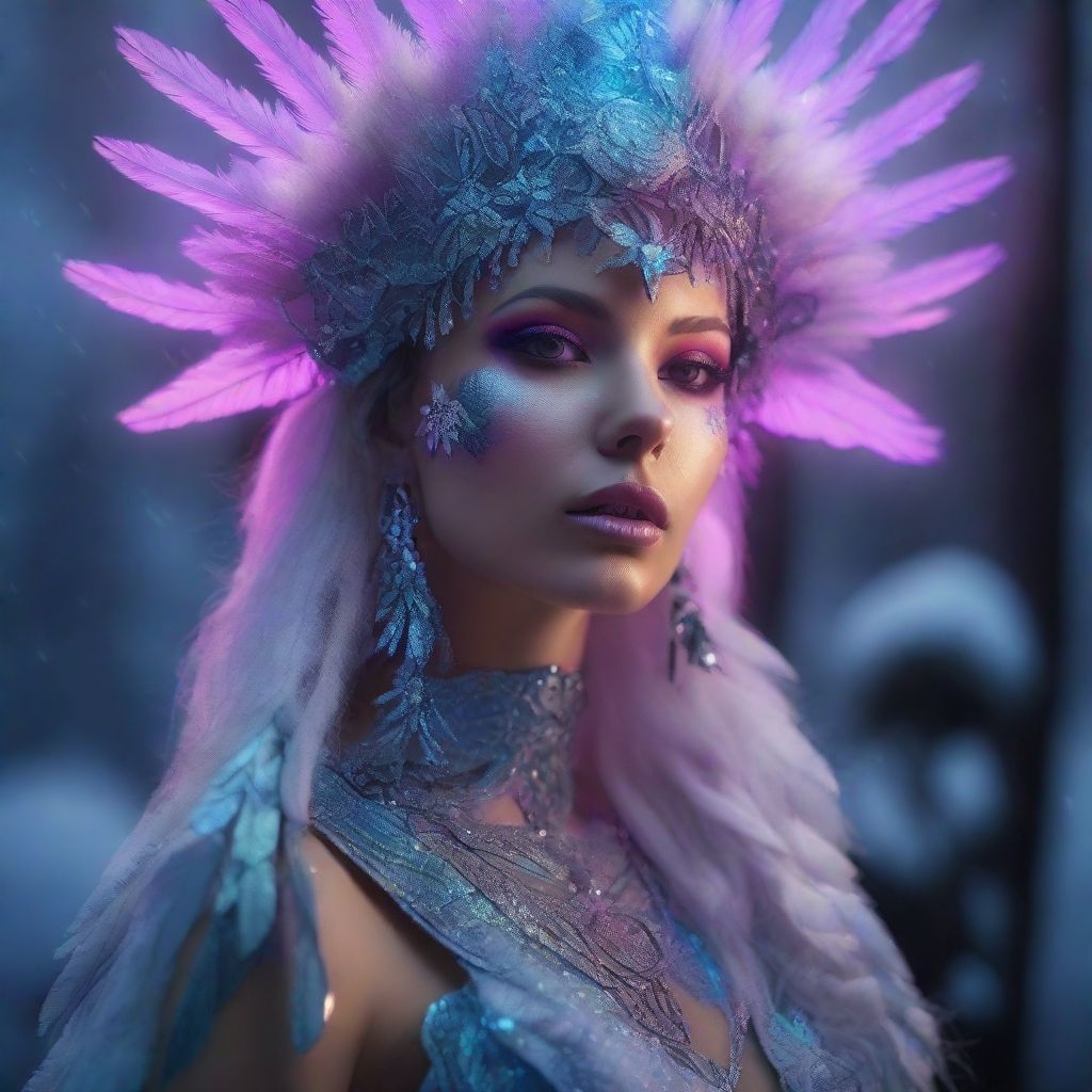 Blue-eyed woman with feather crown and tribal look
