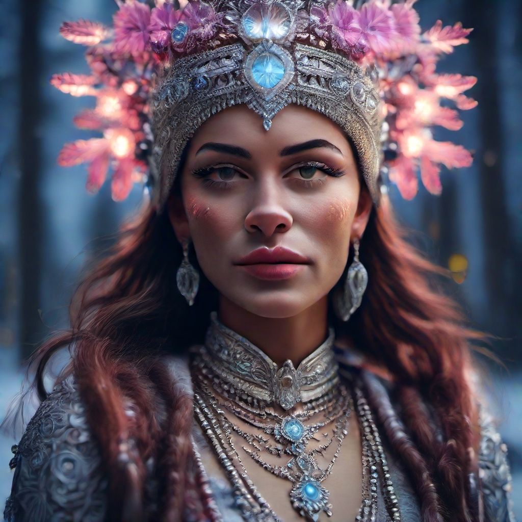 Blue-eyed woman with feather crown and tribal look