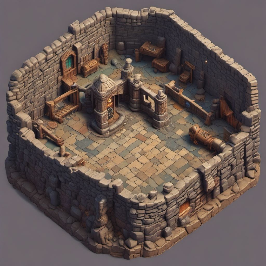 Interior of a castle room with a 3D video game look in isometric view