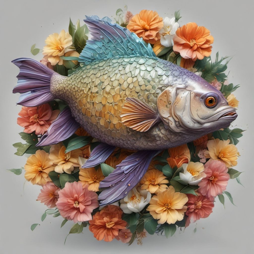 Brightly colored fish surrounded by flowers