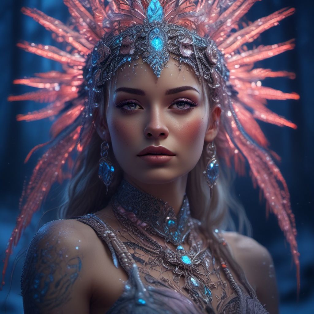 Blue-eyed woman with feather crown and tribal look