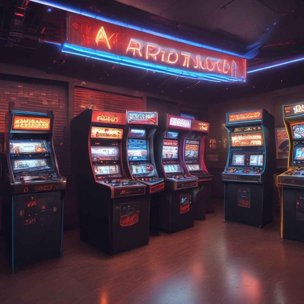 Arcade room with retro machines and neon lights