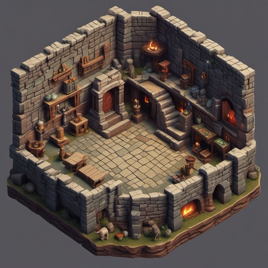 Interior of a castle room with a 3D video game look in isometric view