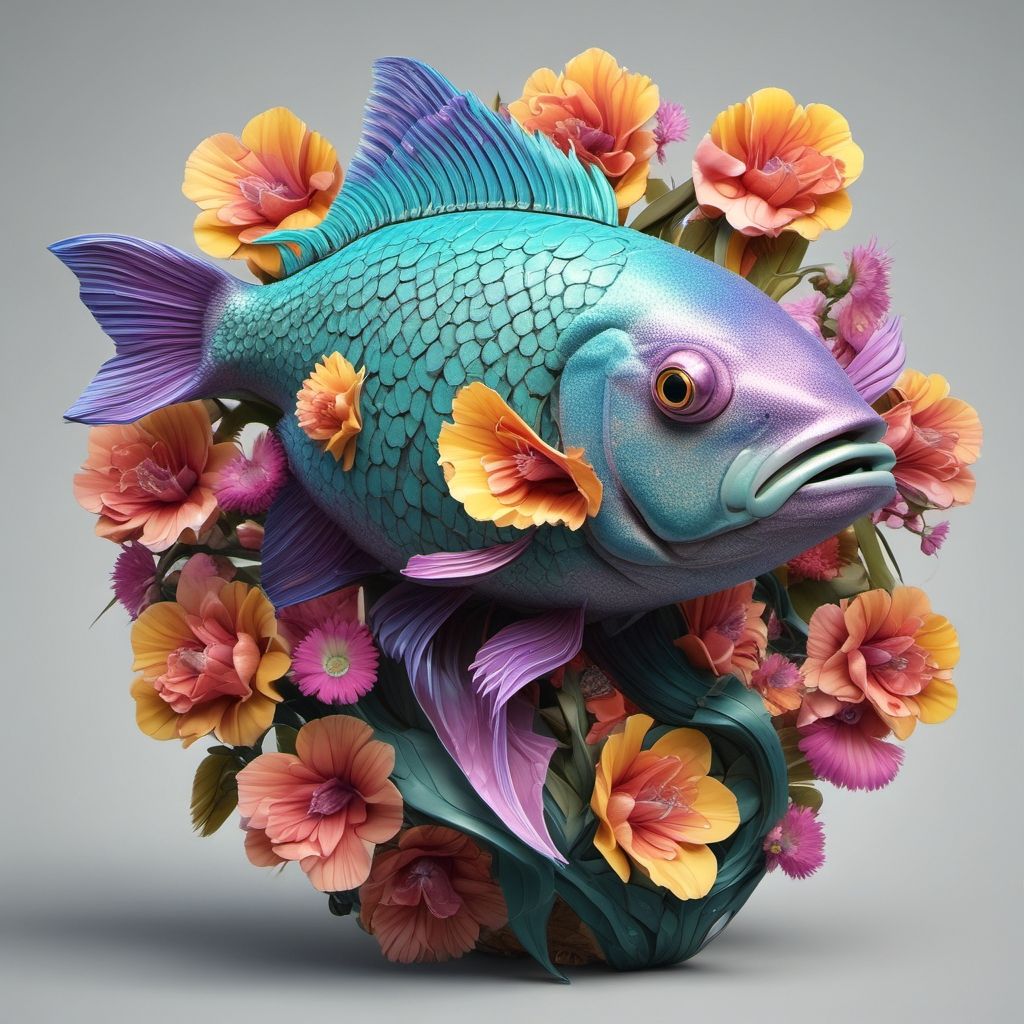 Brightly colored fish surrounded by flowers