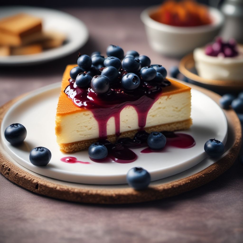 Slice of cheesecake with jam and blueberries on a plate