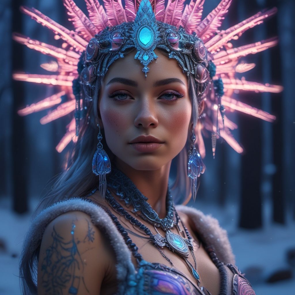 Blue-eyed woman with feather crown and tribal look