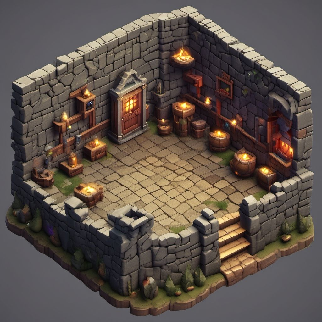 Interior of a castle room with a 3D video game look in isometric view