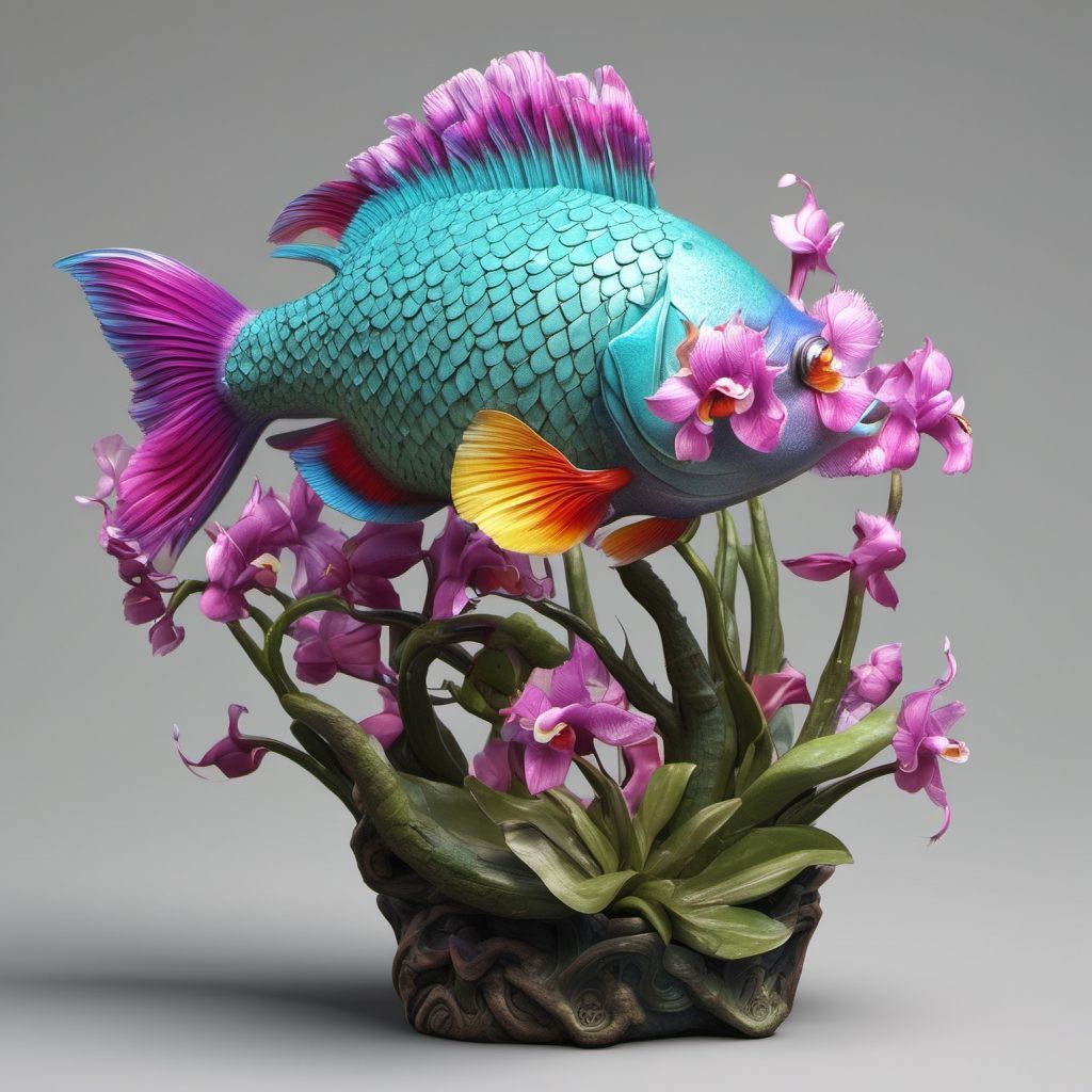 Brightly colored fish surrounded by flowers