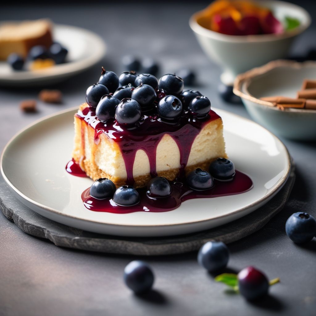 Slice of cheesecake with jam and blueberries on a plate