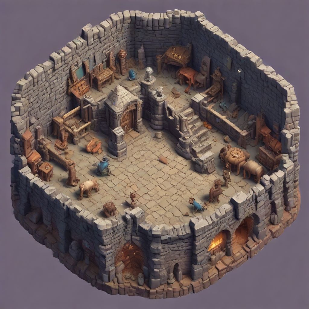 Interior of a castle room with a 3D video game look in isometric view