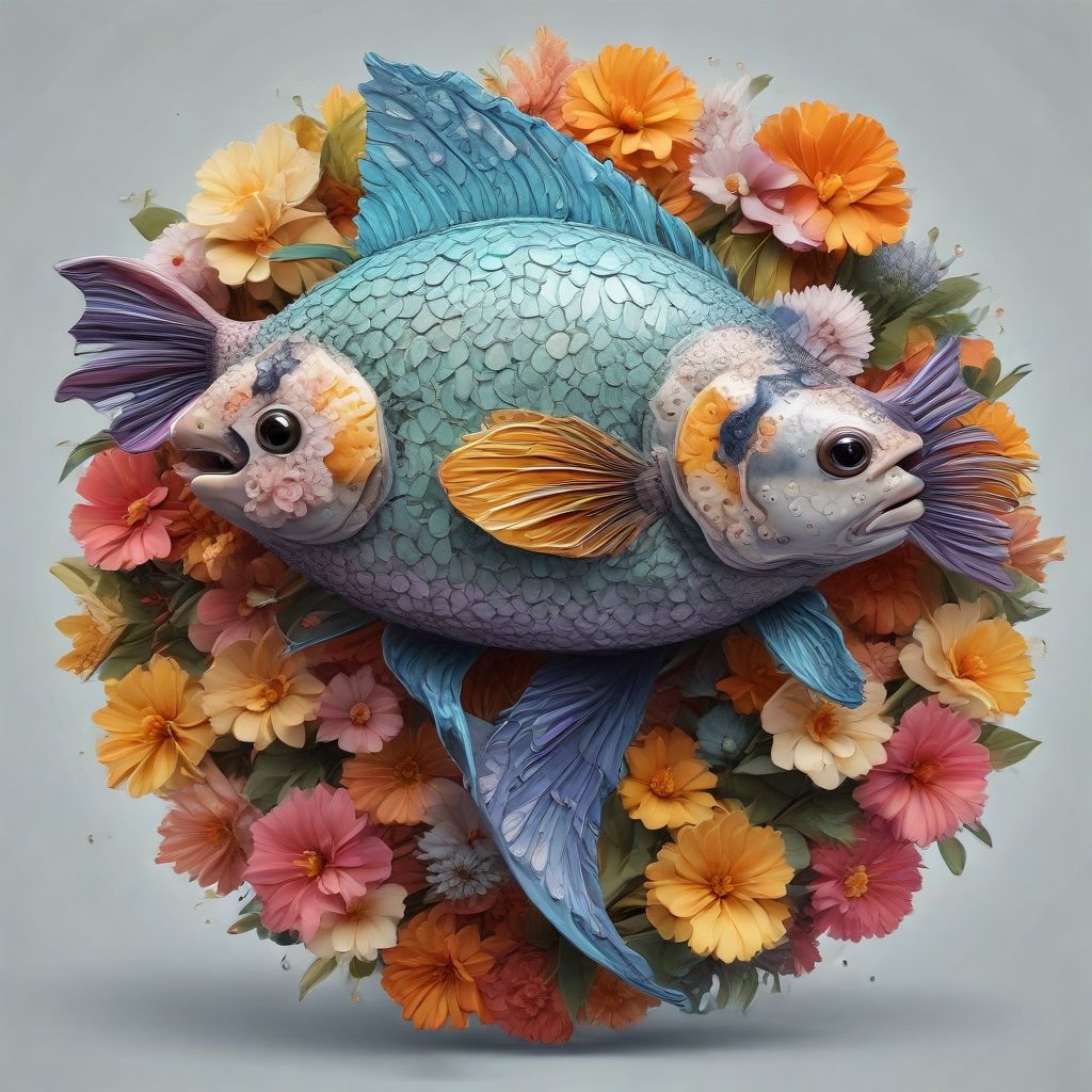 Brightly colored fish surrounded by flowers