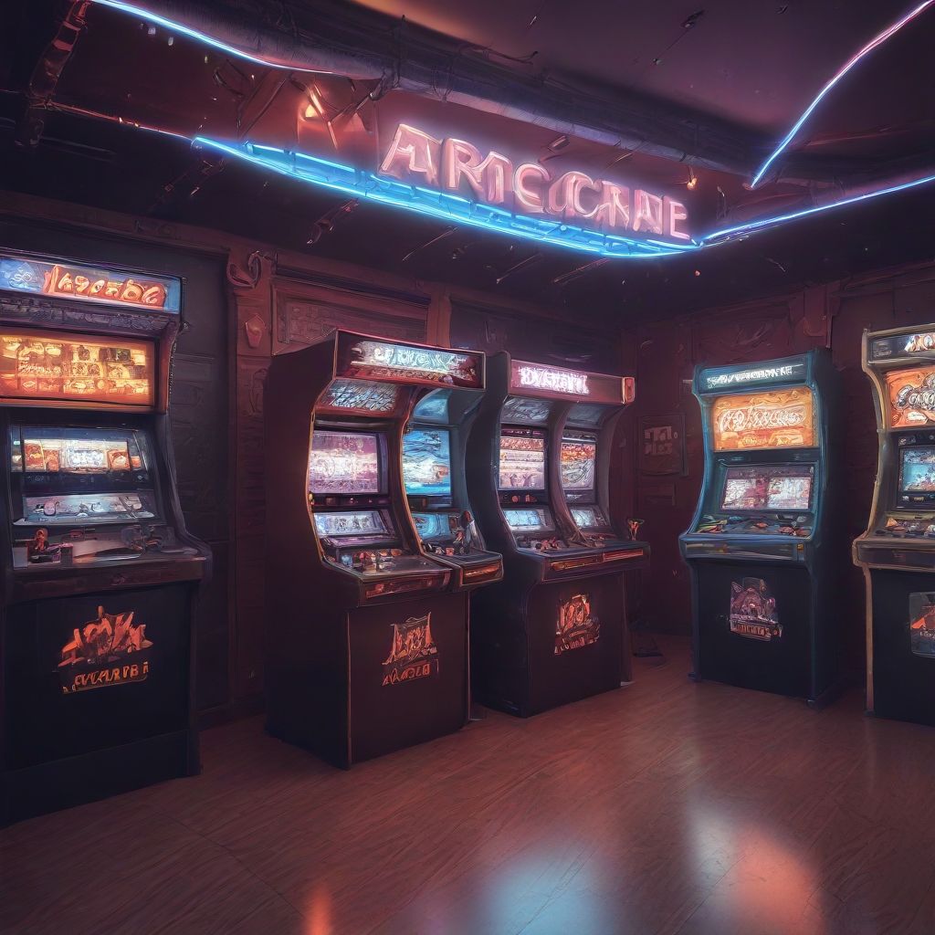 Arcade room with retro machines and neon lights