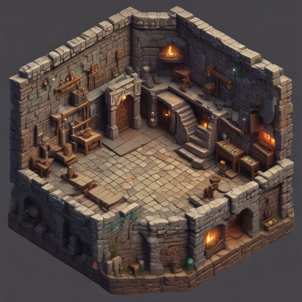 Interior of a castle room with a 3D video game look in isometric view