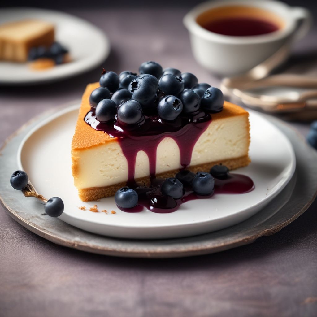 Slice of cheesecake with jam and blueberries on a plate