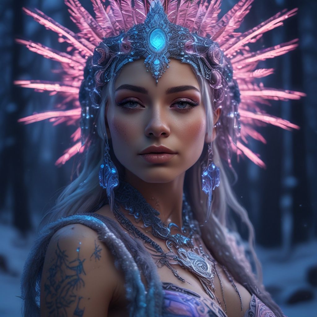 Blue-eyed woman with feather crown and tribal look