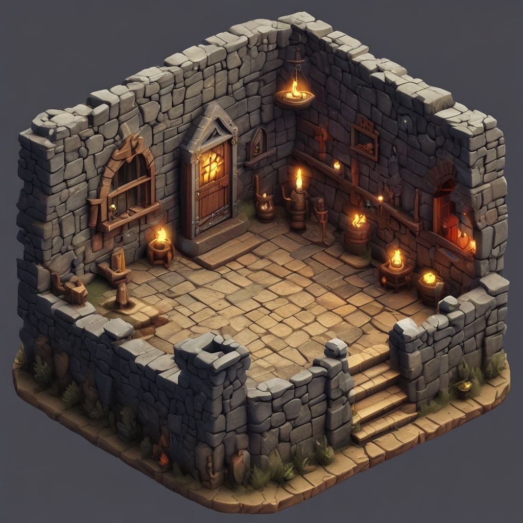 Interior of a castle room with a 3D video game look in isometric view