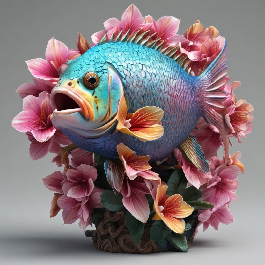 Brightly colored fish surrounded by flowers