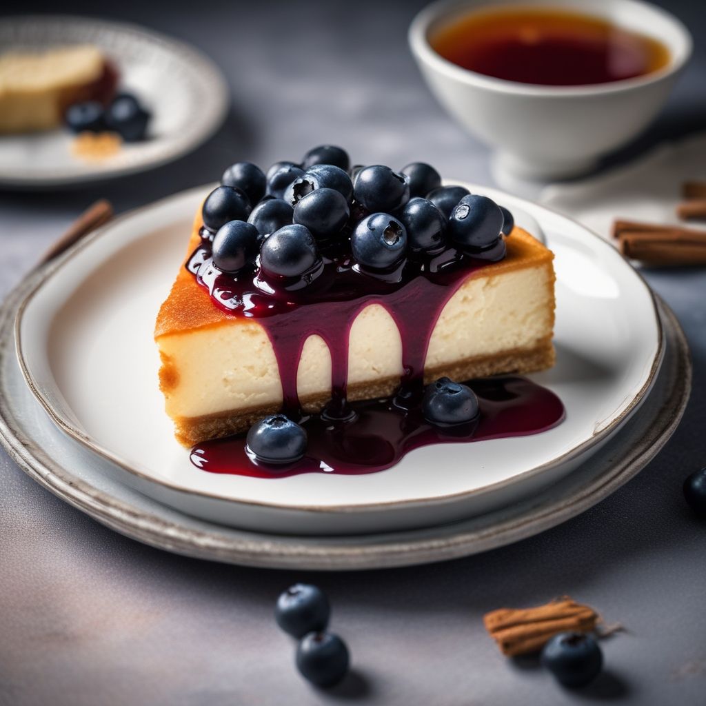 Slice of cheesecake with jam and blueberries on a plate