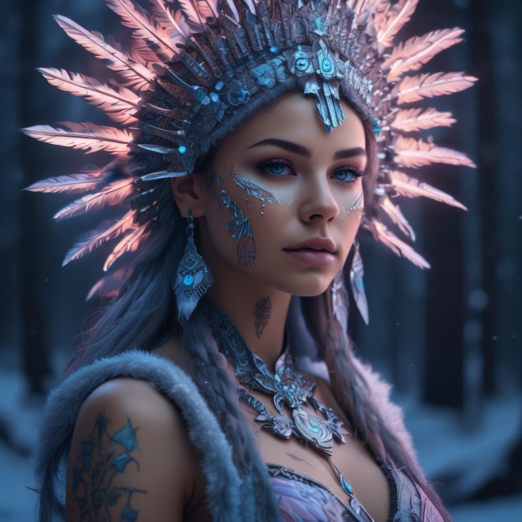 Blue-eyed woman with feather crown and tribal look