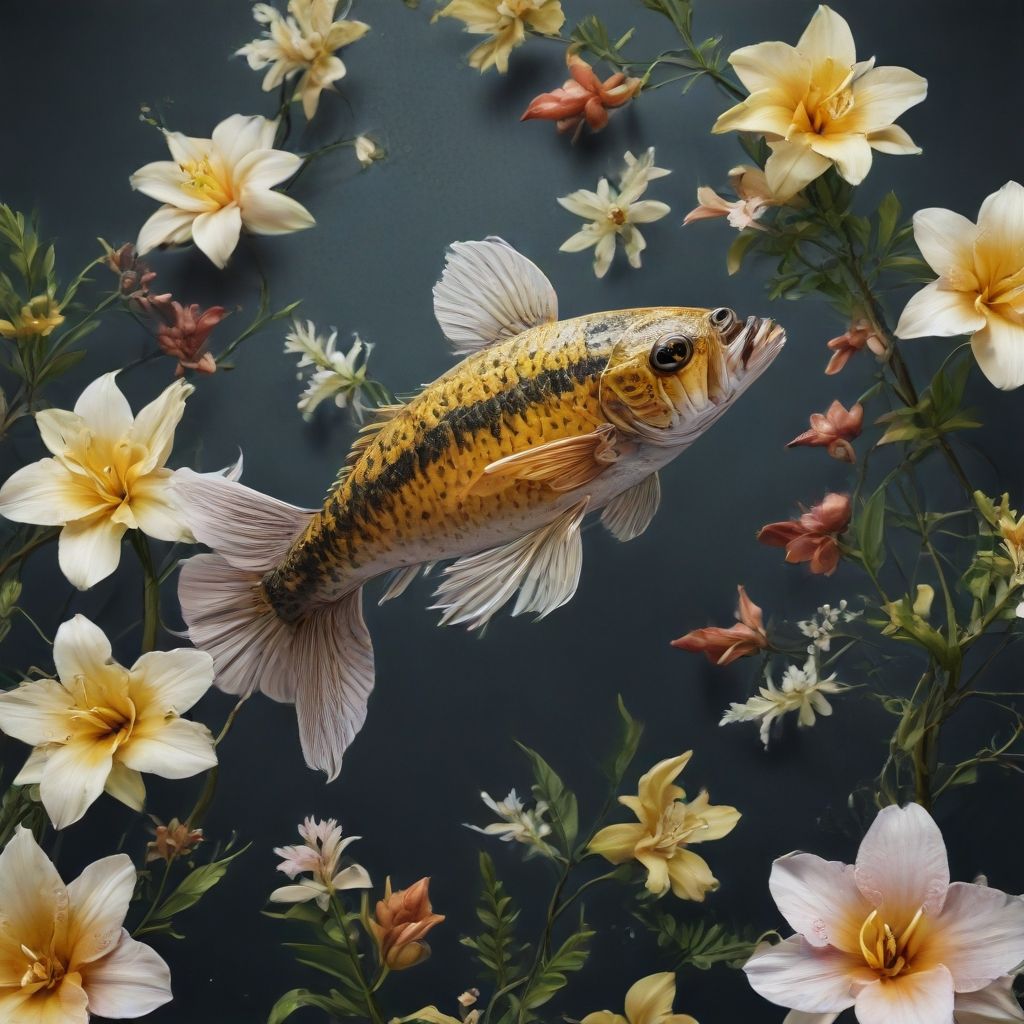 Brightly colored fish surrounded by flowers